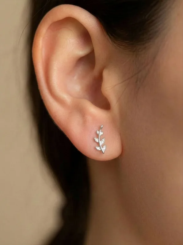 Leaf Ear Studs White Gold